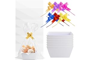 EHUIHUAN 6 Pcs Geschenkkorb, 25x20x11,5cm, Präsentkorb Leer mit 6 Klare Taschen und 6 Ziehen Schleifen, Geschenkkörbe Pappe mit Griffen, Geschenke Korb Geschenkpakete Wein Gourmet (Weiß)