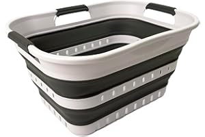 SAMMART Collapsible Plastic Laundry Basket - Foldable Pop Up Storage Container/Organizer - Portable Laundry Hamper - Space Saving (Weiß/Stahlgrau, 19L)