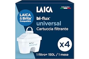 LAICA bi-flux® universal Filtro per Acqua - Compatibile con Caraffe Brita* - Preserva i Sali Minerali e Riduce Cloro e Metalli Pesanti - 4 Mesi di Acqua Filtrata (4 Filtri x 150L) - Made in Italy