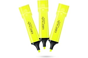 DLM DIRECT BIC Lot de 3 surligneurs plats en plastique avec encre jaune fluo fluo pour des notes lisses et précises, idéal pour l'école et le bureau