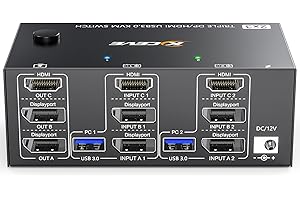 KVM Switch 2 PC 3 monitory 8K 60 Hz 4K 144 Hz, MLEEDA HDMI + 2 Displayport KVM Switch Triple Monitor do 2 PC części, 3 monitorów i 4 urządzeń USB 3.0, z zasilaczem 12 V DC, przewodowy pilot zdalnego
