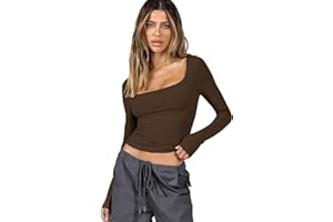 Rongseng Camiseta de Manga Larga para Mujer Crop Tops Sexy Slim Fit T-Shirt Cuello Cuadrado Y2K Básico Top Elasticidad Camisa de Fondo Color Sólido Jersey Pullover Moda Casual Streetwear