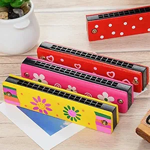 Trinkets & More - Harmonica Mouth Organ Wooden Musical Instrument for Kids Best Return Gift (Pack of 2 - Random Colours and Pattern)