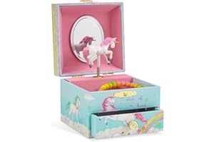 Jewelkeeper Rainbow Unicorn Jewellery Box - Unicorn Gifts for Girls with Spinning Figurine - Beautiful Dreamer Melody - Delightful Jewellery Box with Storage - Blue and Pink - 10.8 x 8.9 x 10.8 cm