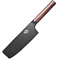 MITSUMOTO SAKARI 7 inch Japanese Nakiri Chef Knife, Professional Black Titanium Coated Vegetable Kitchen Knife, German Premium Alloy Steel Cooking Chef's Knives (Walnut Handle & Gift Box)