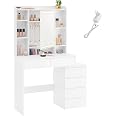 Coiffeuse Avec Miroir LED Lumineux - 2 Tiroirs Et Rangements - Blanc Nuage - 140x80cm