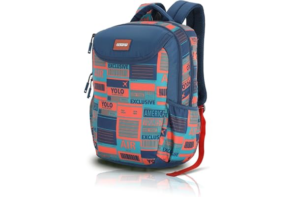 American Tourister Mist (Style 4), 31L Volume 4 Compartment Backpack With An Add-On Rain Cover & Front Organizer, For Unisex - Blue/Orange