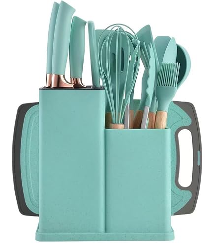 Küchenmesser-Set 19-teilig – Mit 5 Messern, 12 Silikonutensilien, Schneidebrett & Halter, Spülmaschinengeeignet