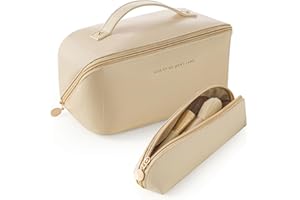 DITTYBUY Large Capacity Travel Cosmetic Bag, PU Leather Portable Makeup Bag, Ladies Make Up Bag Zipper Bag, Waterproof Cosmetic Travel Organizer Multifunctional Storage Bag for Women Girl(White)