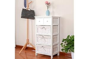 Ruication Bedside Table Bathroom Cabinet with 3 Drawers Wicker Baskets 2 Small Drawers Storage Unit Chest of Drawers Fully Assembled for Living Room Bedroom Bathroom Hallway (White)