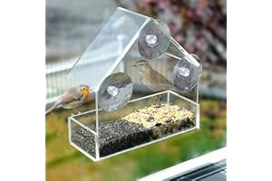 CAMOUFLAGE NET Window Bird Feeder Clear Acrylic Hanging Bird Feeder with 3 Strong Extra Suction Cups and Seed Tray for Small Birds Decorate Your House (15x15x7cm)