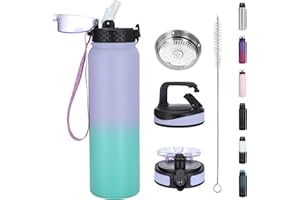 OLDLEY Borraccia Acciaio Inossidabile con Cannuccia 1L Isolamento Sottovuoto Grande Borraccia Metallo Bottiglie d'Acqua Tenuta Stagna Mantiene Le Bevande Calde Fredde per Campeggio Palestra con 3 Coperchi