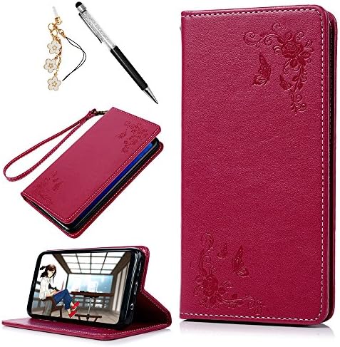 Samsung S8 Case, Galaxy S8 Wallet Case, Leather Cover Embossed Floral Butterfly Design PU Leather Flip Case TPU Bumper Cover Kickstand Magnetic Case with Card Slots Holders &amp; Wrist Strap Case for Samsung Galaxy S8 (Rose)
