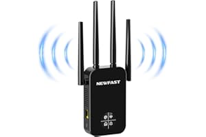 NEWFAST Amplificador Señal WiFi, AC1200 Repetidor WiFi Doble Banda 5GHz y 2,4GHz, Extensor de Wi-Fi con WPS Botón, Puerto Ethernet, 4 Antena, Pantalla Inteligente, para Casa/Oficina