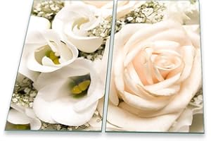 DECORWELT Herdabdeckplatte Abdeckung Ceranfeld Abdeckplatte Schneidebrett 2-Teilig 60x52 Rosen Weiss Spritzschutz Glasplatte Ceranfeldabdeckung Schutz Herdschutz Sicherheitsglas Glasschneidebrett 2x30x52