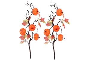 LUXTE Artificial Pumpkin Branches, Maple Leaf Pumpkin Picks, Pumpkin Fall Stems for Vases, Fake Pumpkin Twig Stem Flower Autumn Floral Picks Halloween Thanksgiving Festival Home Garden Fall Decor (2PCS)