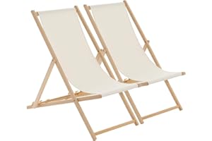 Harbour Housewares Folding Wooden Deck Chairs – Natural – Pack of 2 – Adults Traditional Foldable Reclining Outdoor Canvas Sun Lounger Chair Seat for Garden Patio, Beach, Camping