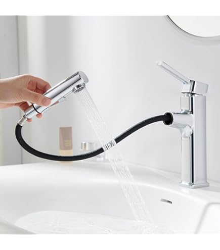 Kaiying Wastafelkraan met uittrekbare sproeier, eengreepsmengkraan voor warm en koud water, wastafelkraan met draaibare uitloop, messing regular zwart
