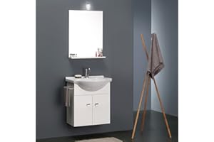 Kiamami Valentina - Mobile Bagno Sospeso 56 CM + Lavabo in Ceramica | Specchio a Filo Lucido incluso | Porta Asciugamani Cromato | Adatto a Spazi Ridotti, Bianco, Metallo