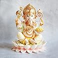 Ganesha Murti Statue Sitting on Lotus Flower, Gold Leaf Ganpati Figurine, Large Marble Ganapati Idol Vinayak Deity, Large Indian White Elephant God, Housewarming Gifts Sculpture (12 INCHES)