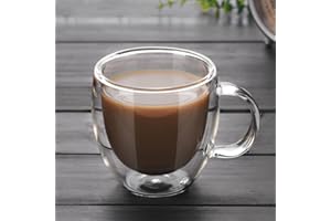 FGYZYP Juego de 4 tazas de café de cristal transparente, doble pared aislada vasos con mango grande, taza de té segura de 5 onzas (150 ml), gran regalo para café con café con leche caliente, café