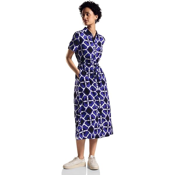Street One Damen Print Kleid A143950, Intense Royal Blue, Größe 36, Midikleid Mit Volants & V-Ausschnitt
