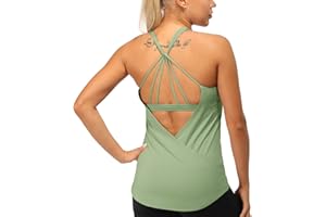 icyzone Damski podkoszulek do jogi wbudowany biustonosz - kamizelka sportowa z paskami do ćwiczeń na siłownię koszulki treningowe topy