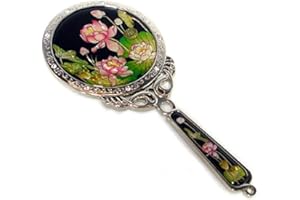 ANTIQUE ALIVE Mother of Pearl Princess Pink Flower Round Metal Cosmetic Makeup Hand Mirror with Lotus Design