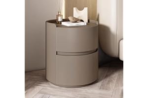 ERICAT Okrągły Stolik Nocny do Sypialni z Szufladami, Drewniany Biały, Zewnętrzny Skórzany Szafka do Przechowywania (Material: Dark Brown, Size: 40x40x50cm)