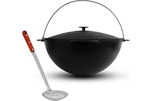 4BIG.fun Kazan Swivel Pot 15 L Camping Cast Iron with Handle and Lid + Skimmer Roasting Dish Tatarskij Plow BBQ Barbecue Charcoal Kettle Outdoor Kitchen Field Kitchen Camping Goulash
