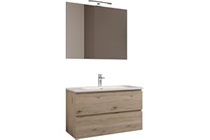 Mama Store Atena 80 Roble Natural Mueble suspendido con Lavabo, Espejo y lámpara LED, Madera de ingeniería, Sencillo, L. 81 X P. 47 X H. 53 CM
