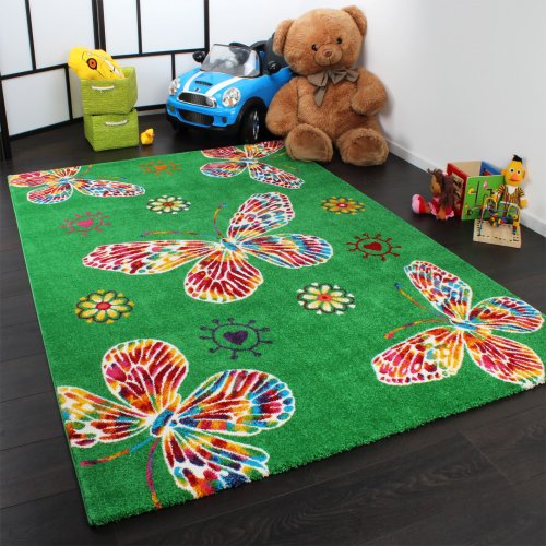 Kids’ Rug - Butterfly Design - Green Multicoloured, Size:80x150 cm