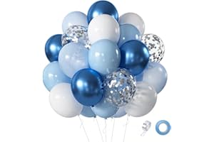 Ballons Bleu et Blanc Set, 60 Pièces Ballons Bleu Clair Ballons Helium Bleu avec Ballons Confettis et Bleus Métallisés Latex pour Mariage, Fiançailles, Garçon Anniversaire,Baby Shower Décoration