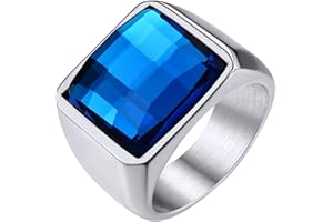 GOLDCHIC JEWELRY Men's Square Gemstone Singet Rings, Personalized Stainless Steel Pinky Ring with Black Onxy Blue Topaz Birthstone Statement Ring
