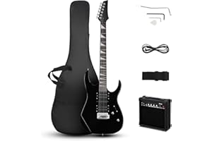 LALAHO 39 Inch Beginners Electric Guitar Kit with H-S-H Pickup, Solid Body Electric Guitar Set with 20W Amplifier, Tremolo Arm, Bag, Pick, Shoulder Strap, Cable (Black)