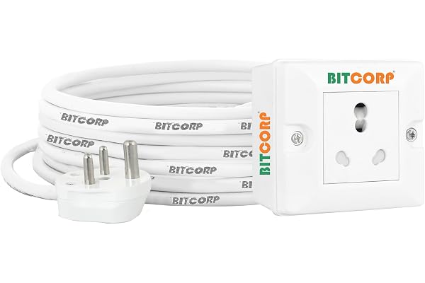 Bitcorp Power Strip 6A to 16A Converter with 1 Socket, 16A 2500W Extension Board with Surge Protection 2 Meter Cord for Home, Office, Fridge, Cooler, Computer, Air Conditioner (White) 220 Volts