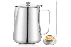 VAILEAL Brocca per latte da 600 ml, in acciaio inox con coperchio, brocca per latte con scala di misurazione e penna per latte Art Pen, per cappuccino, espresso e barista