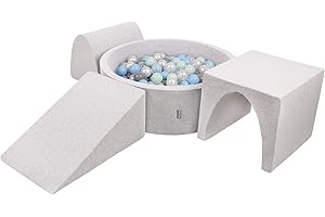 KiddyMoon Area di Gioco in Schiuma con Tondo Piscina di Palline (200 Palline) per Bambini, Grigioch:Perla/Grigio/Trasparente/Azzurro/Menta