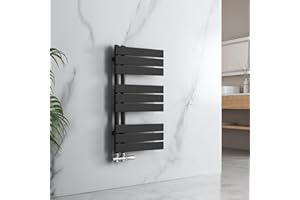 EMKE Radiador de baño, toallero, 762 x 400 mm, conector lateral, plano, calentador de toallas, radiador para baño, toallero, color negro, 342 W