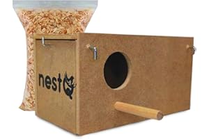 NESTQ Budgie Nest with Shavings for Bed with Bird Cage Hooks Wooden Bird House Breeding House 20cm x 11cm x 11cm