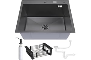 ANW HOME Lavello da Cucina Graphite 60x50 cm con Sifone, Scolapiatti e Dispenser di Sapone da 350 ml, Lavello da Cucina in Acciaio 304 con 2 Fori per Rubinetto, Lavello in Acciaio Inossidabile
