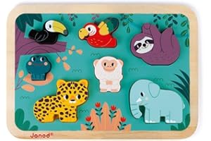 Janod - Chunky Puzzle en Bois Jungle - 7 Pièces - Découvrir les Animaux de la Jungle - Partenariat WWF - Peint à l'Eau et Certifié FSC - Dès 18 Mois, J08621
