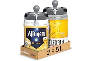 Affligem, Pelforth - Pack de 2 Fûts 5L - Bières Blondes 5,8° et 6,7° - Compatible Tireuse BeerTender, Utilisable sans Machine à Bière - Coffret Bières Pression