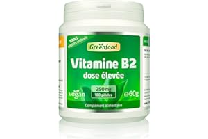 Greenfood Vitamine B2 (riboflavine), 250 mg, dose élevée, 180 gélules - Sans additifs artificiels. Sans génie génétique. Vegan.