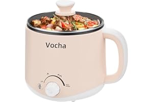 Vocha Pentola elettrica con funzione Keep Warm, padella elettrica antiaderente da 1,6 l, fornello da viaggio portatile, mini fornello multi-cottura per pasta tagliatelle, zuppe, uova sode, (beige)