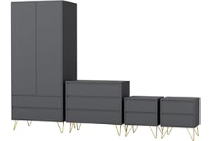 Nera Bedroom Furniture Set 4 Piece Wardrobe with Drawers Chest of Drawers Bedside Table Set with Metal Legs (Grey)
