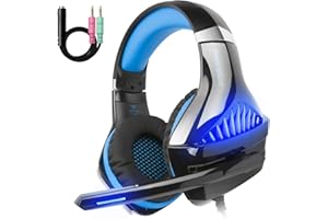 iKiKin Beexcellent GM-5 Stereo Gaming Auriculares con micrófono para Mac Nintendo Switch PS4, PC, Xbox One Controller, cancelación de Ruido sobre el oído Auriculares con micrófono luz LED(Azul)