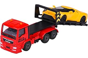 Majorette Trailer Edition – zabawka laweta z modelem samochodu dla dzieci od 3 lat, z wolnym biegiem i ruchomymi częściami, kolor żółty