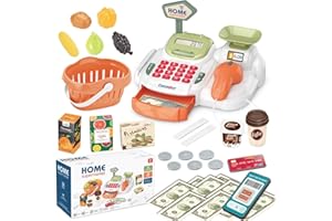 YOLIYOGO Pretend Play Cash Register Toy with Functional Caculator Cashier Scanner Toy Supermarket with Simulate Food Fruit etc Kids Grocery Store Play Money Food Shop Toy Educational Playset for Kids