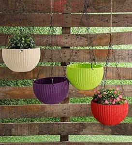 YOUNG CRAFTS Garden Decorations Hanging Planters Plastic Pots Sanitized with Hanging Chains for Balcony (Pack of 6) Multi Color |8 Inches Diameter